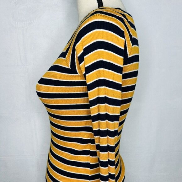 Forever 21 Long-Sleeve Ribbed Shirt Womens Size S Gold Navy Striped Rayon Blend - Picture 4 of 8